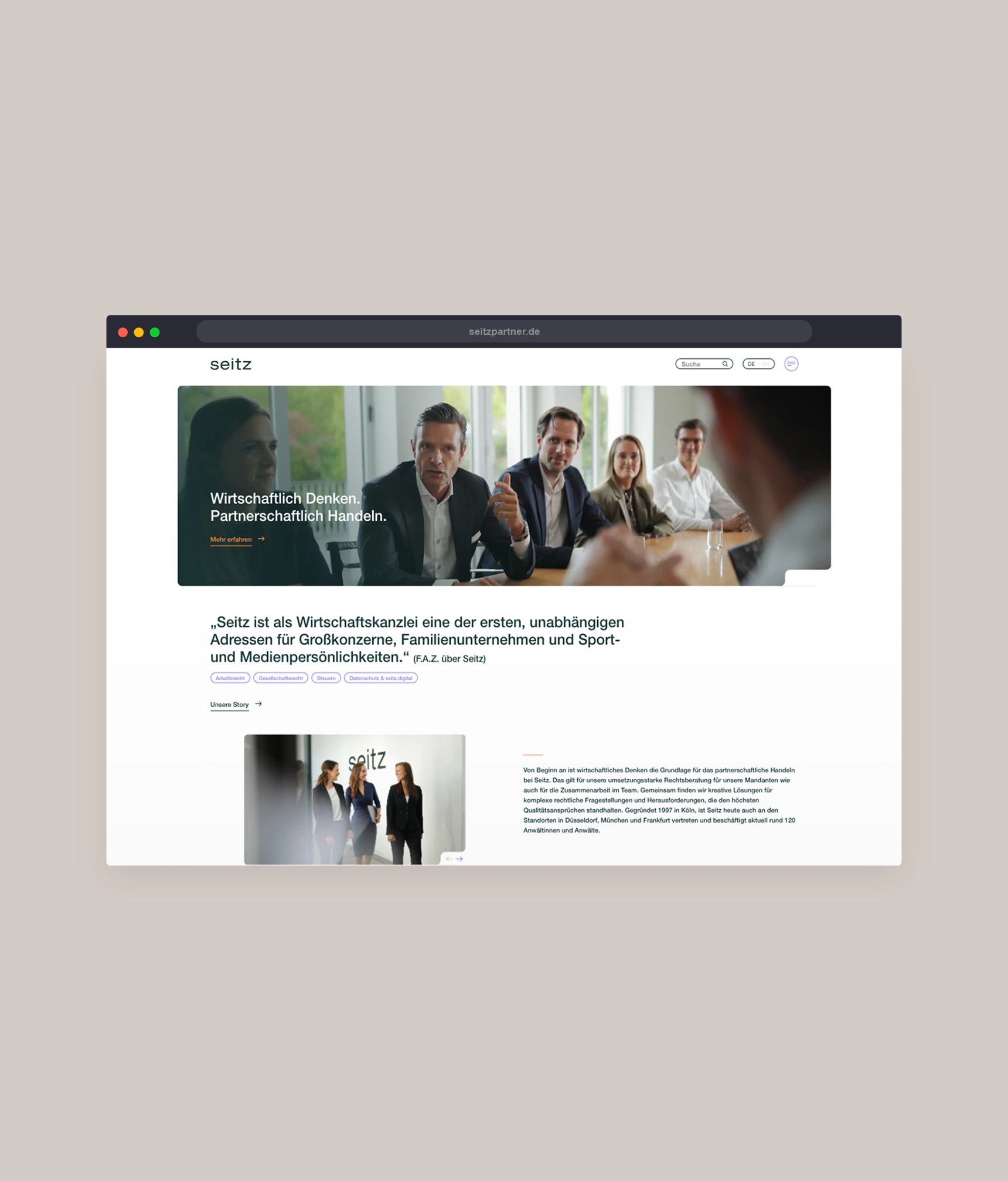 Ein Bild zeigt einen Ausschnitt der Seitz Website.