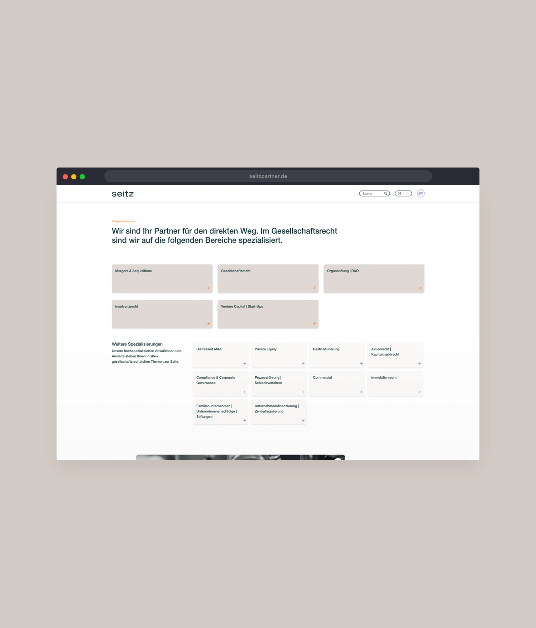 Ein Bild zeigt einen Ausschnitt der Seitz Website.