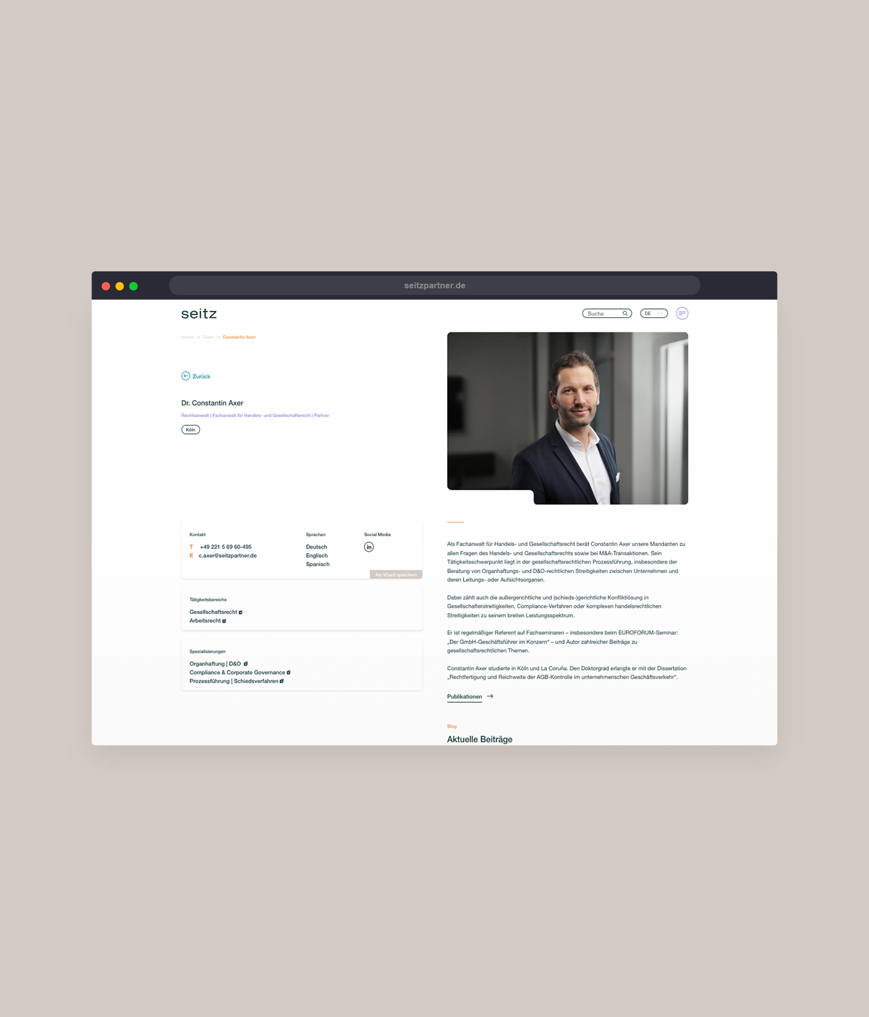 Ein Bild zeigt einen Ausschnitt der Seitz Website.