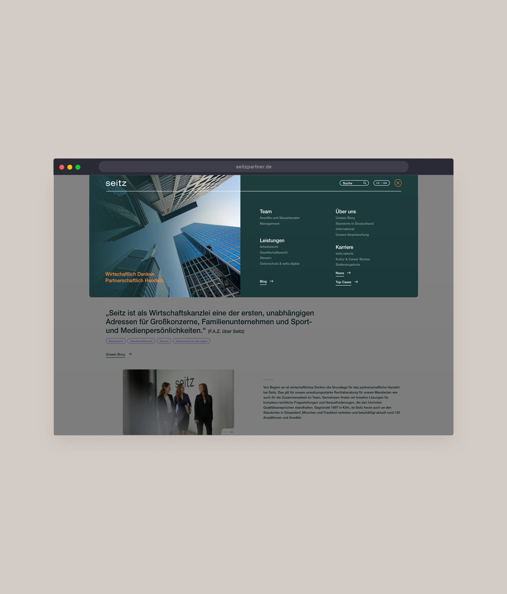 Ein Bild zeigt einen Ausschnitt der Seitz Website.