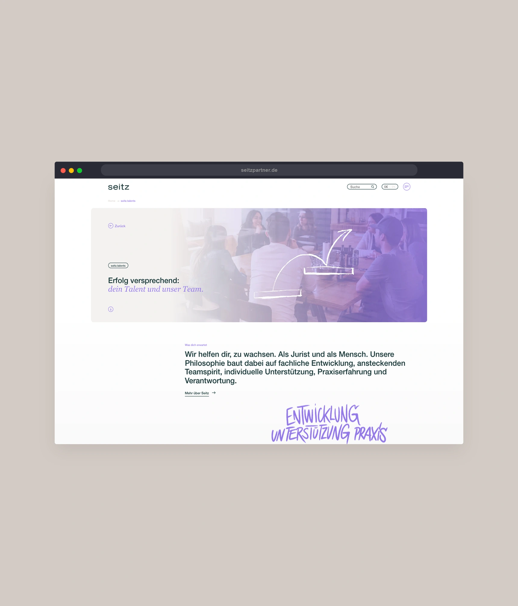 Ein Bild zeigt einen Ausschnitt der Seitz Website.