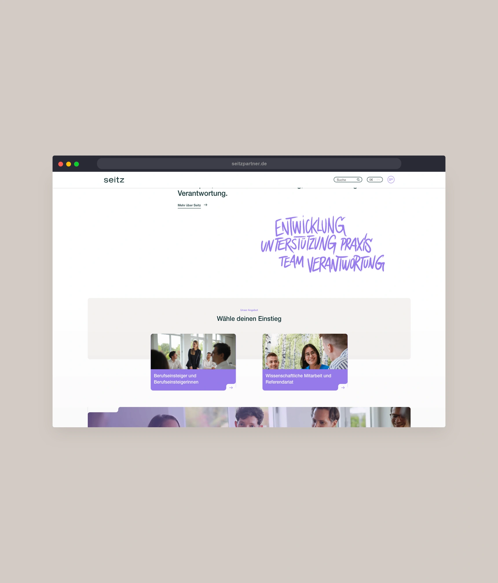Ein Bild zeigt einen Ausschnitt der Seitz Website.