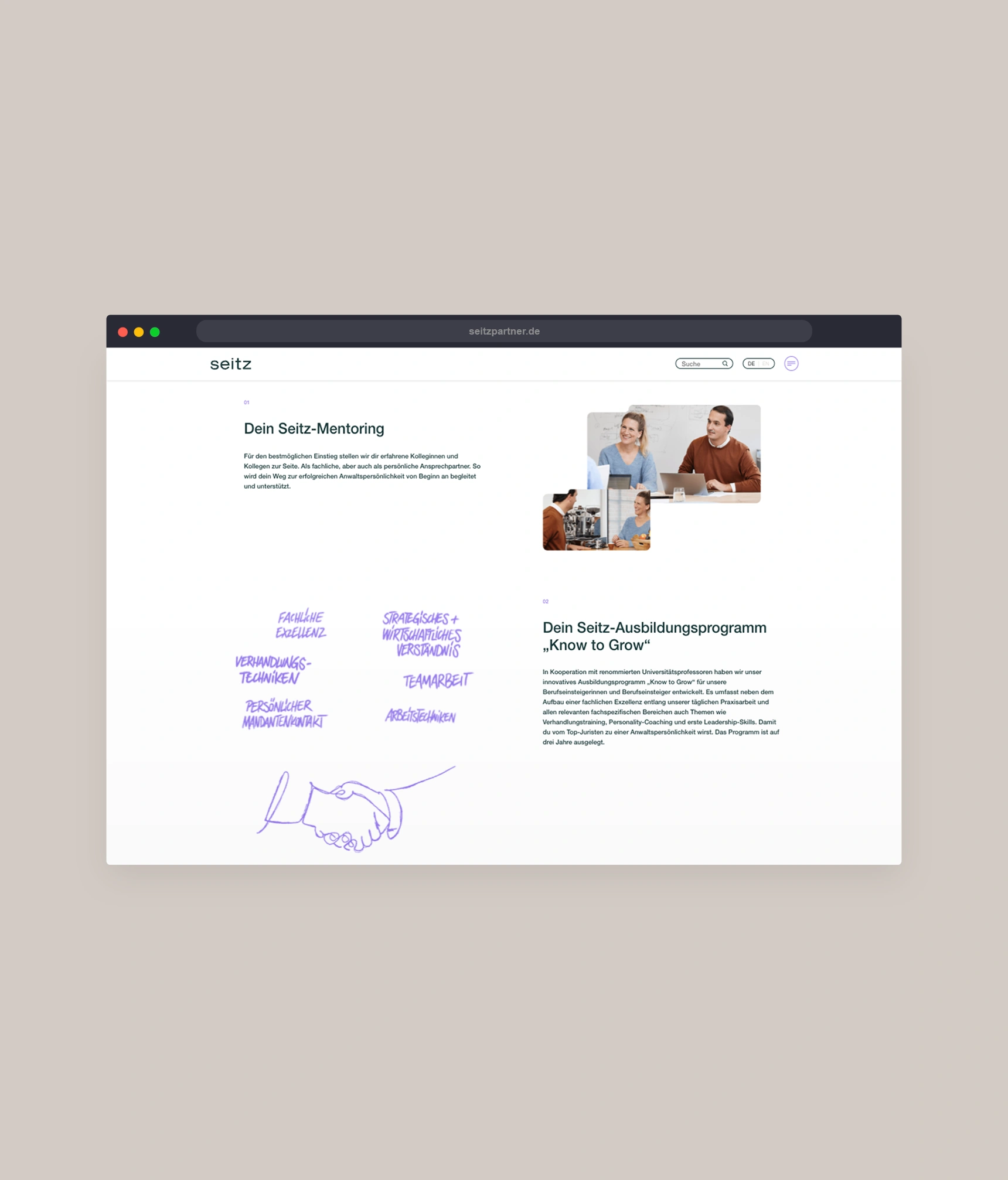 Ein Bild zeigt einen Ausschnitt der Seitz Website.