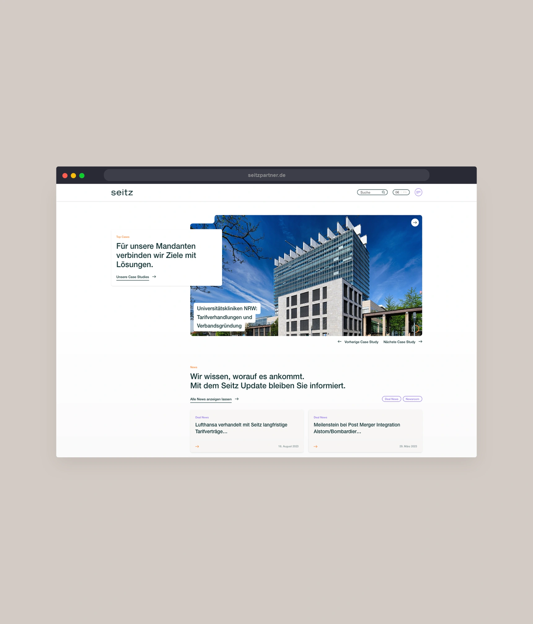 Ein Bild zeigt einen Ausschnitt der Seitz Website.