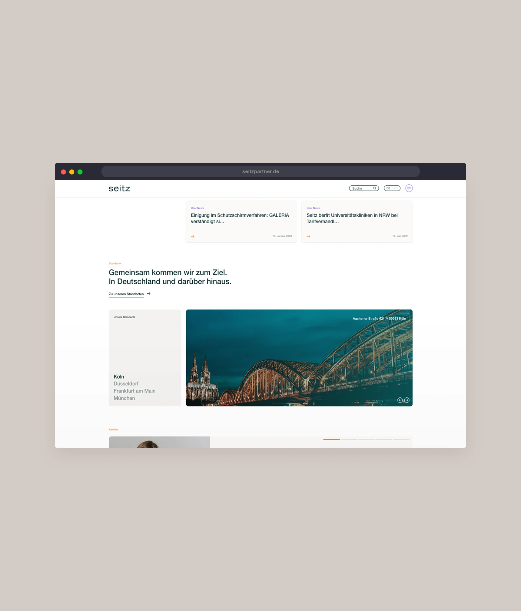 Ein Bild zeigt einen Ausschnitt der Seitz Website.
