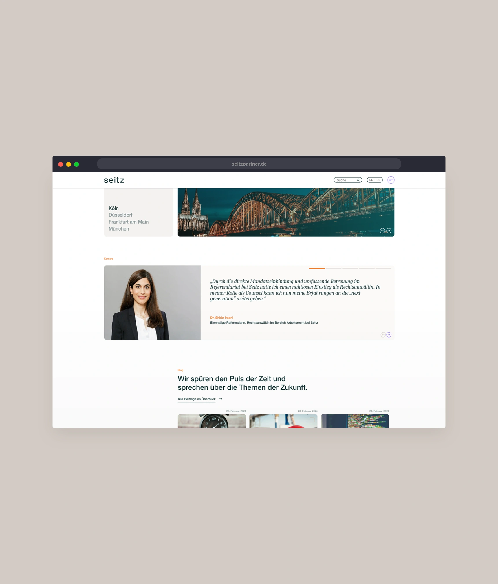 Ein Bild zeigt einen Ausschnitt der Seitz Website.