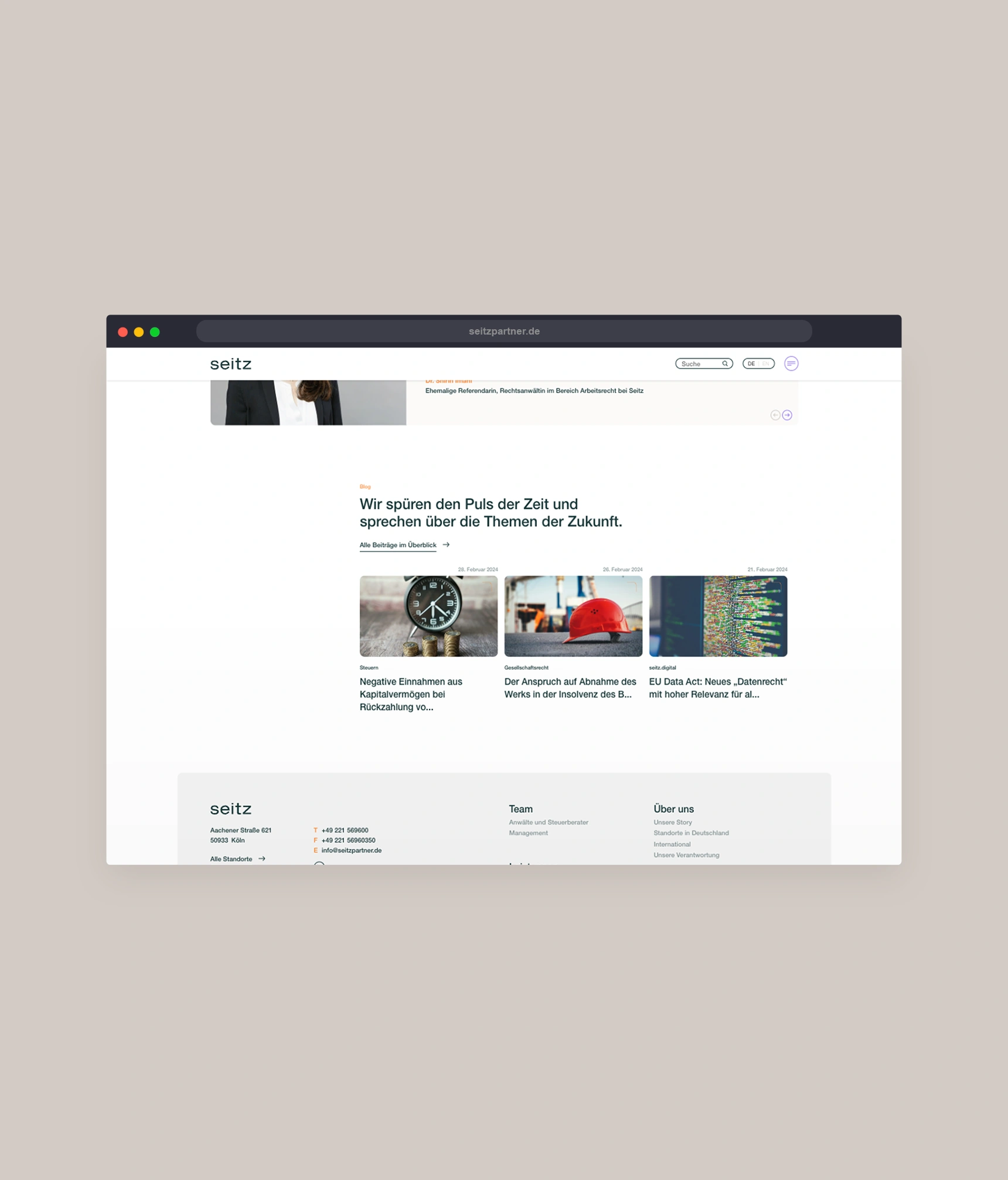 Ein Bild zeigt einen Ausschnitt der Seitz Website.