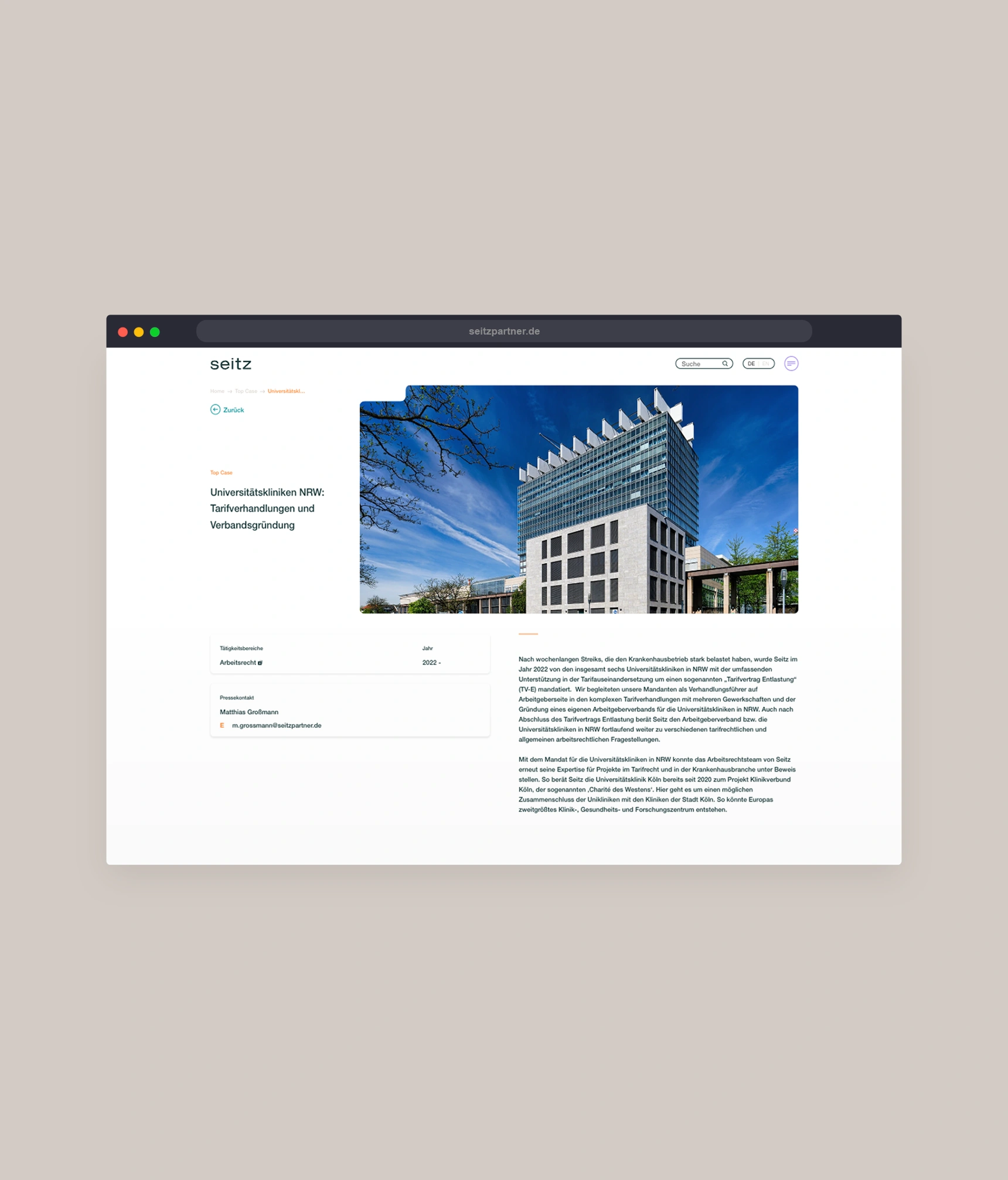 Ein Bild zeigt einen Ausschnitt der Seitz Website.