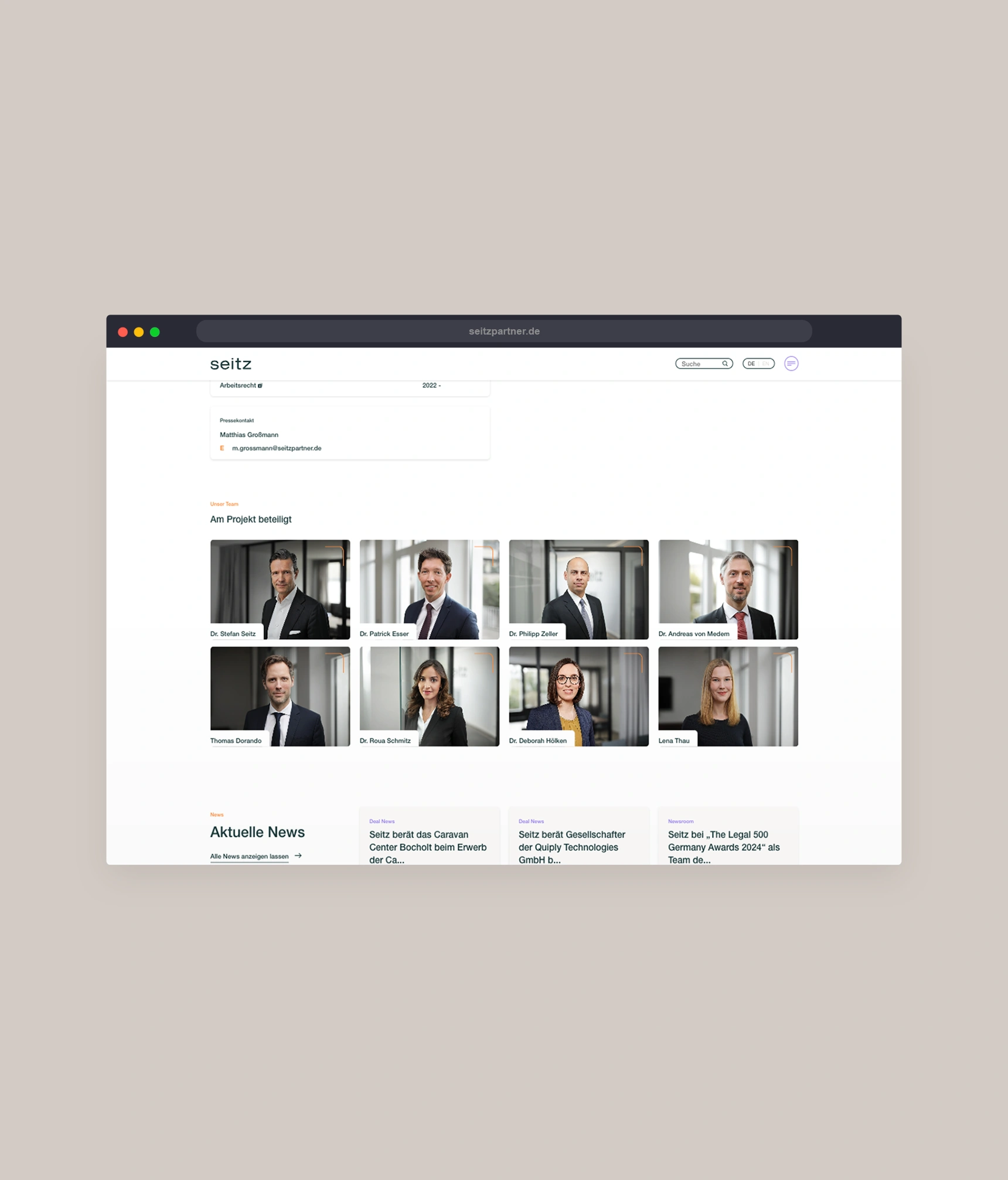 Ein Bild zeigt einen Ausschnitt der Seitz Website.