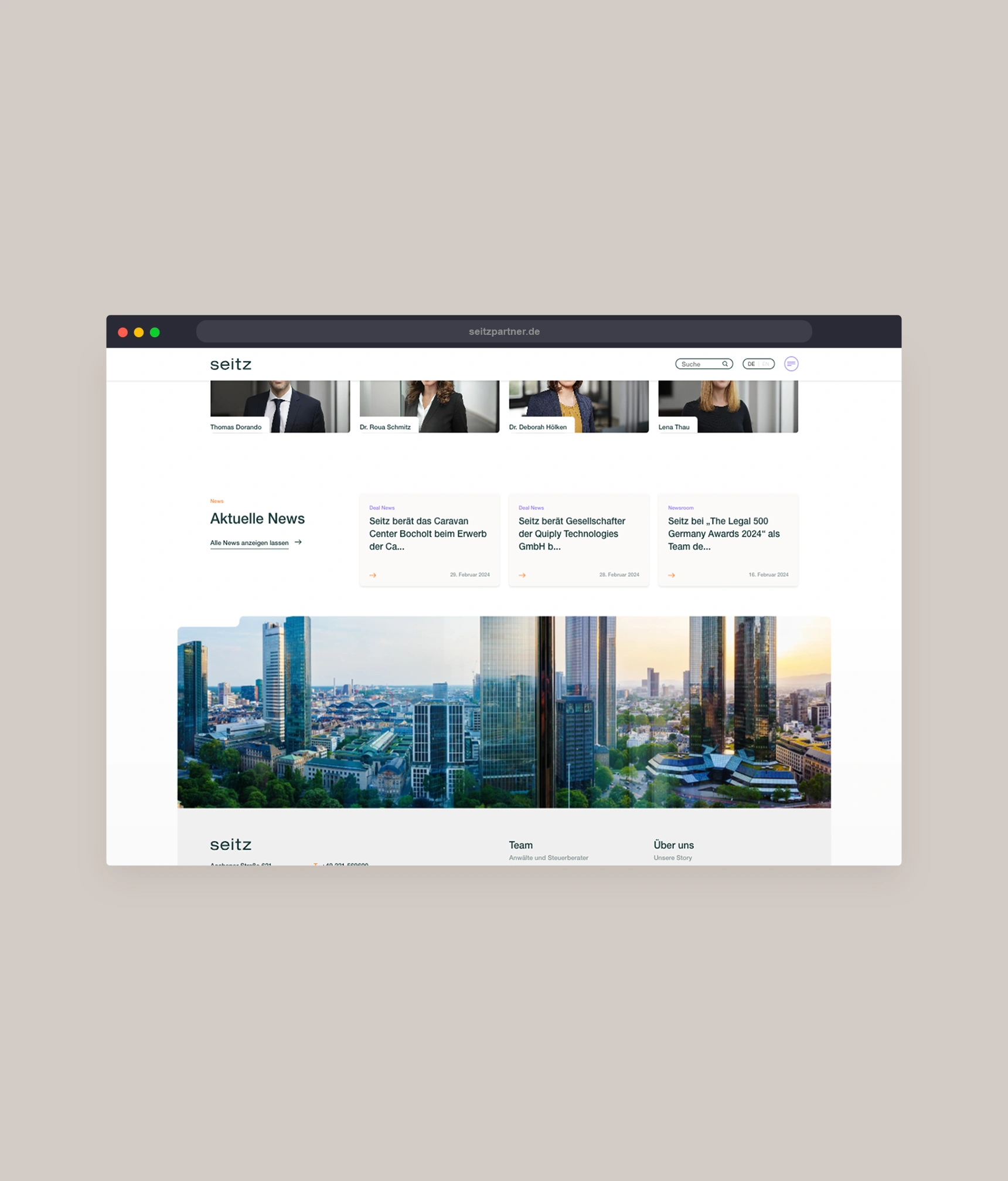 Ein Bild zeigt einen Ausschnitt der Seitz Website.