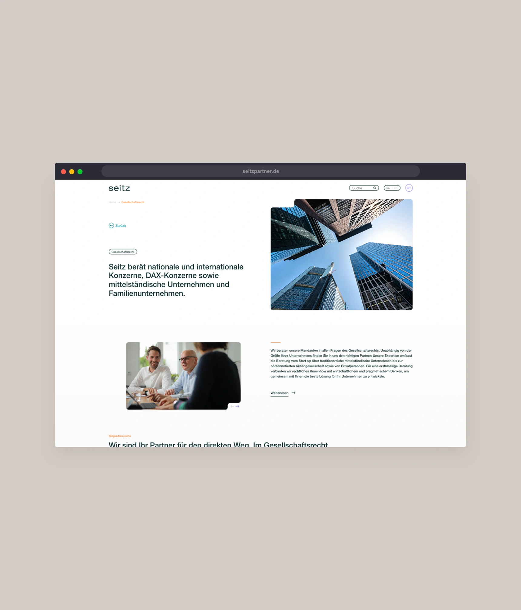 Ein Bild zeigt einen Ausschnitt der Seitz Website.