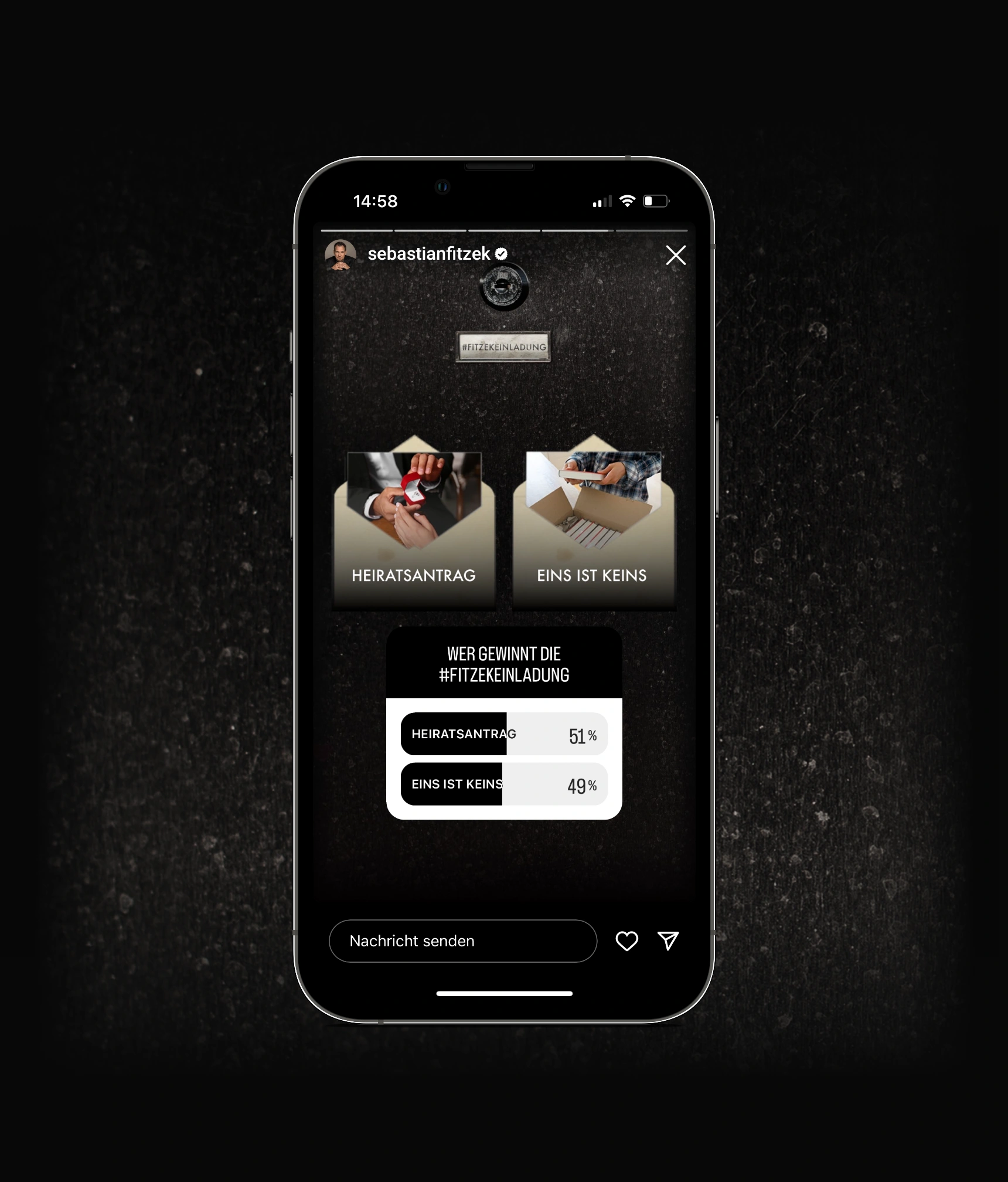 Ein Bild zeigt das Visual von Sebatsian Fitzek zu seinem Bestseller die Einladung mit seiner Voting Challenge.